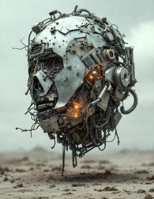 The primary subject of the image is a futuristic robot head with a mix of mechanical and organic elements. The robot head is surrounded by a dirt-covered environment, which adds to the overall atmosphere of the scene. The visual style of the image is a combination of digital art and illustration, creating a unique and intriguing appearance. The colors in the image are predominantly dark and muted, with some glowing elements that add a sense of depth and contrast to the composition.